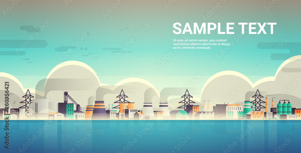 Fototapeta factory building industrial zone plant with pipes and chimneys nature pollution production technology dirty waste air water polluted environment concept horizontal copy space flat