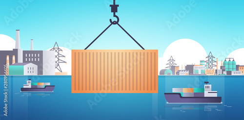 crane hook lifting cargo container box on ship over factory buildings industrial zone sea shipment transportation concept horizontal flat