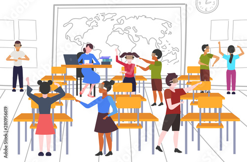 mix race pupils wearing modern 3d glasses schoolchildren experiencing virtual reality through headset during lesson vr digital technology concept school classroom interior flat horizontal