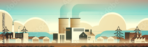 factory manufacturing buildings industrial zone plants with pipes and chimneys nature pollution dirty waste polluted environment production technology concept horizontal flat