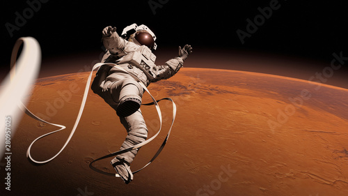 astronaut performing a space walk in orbit of planet Mars 