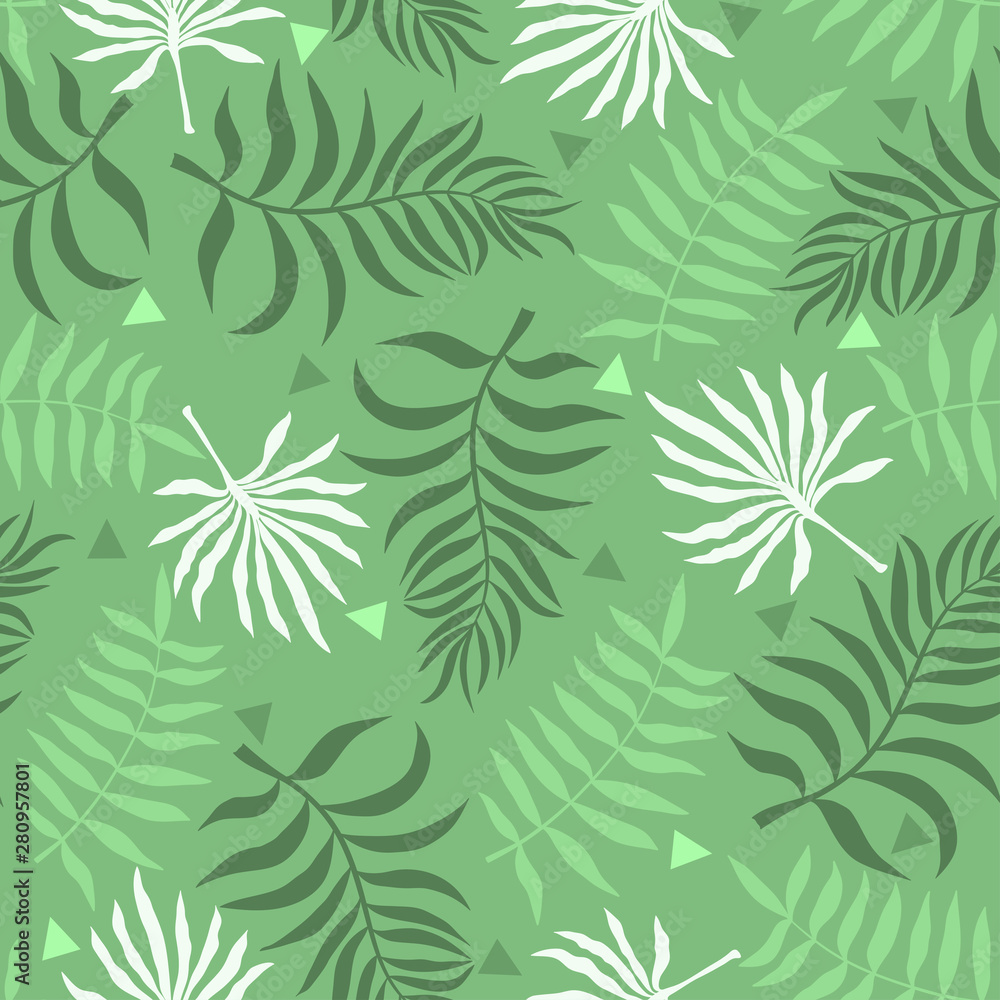 Tropical background with palm leaves. Seamless floral pattern. Summer vector illustration. Flat jungle print Tropical background with palm leaves. Seamless floral pattern. Summer vector illustration. Flat jungle print