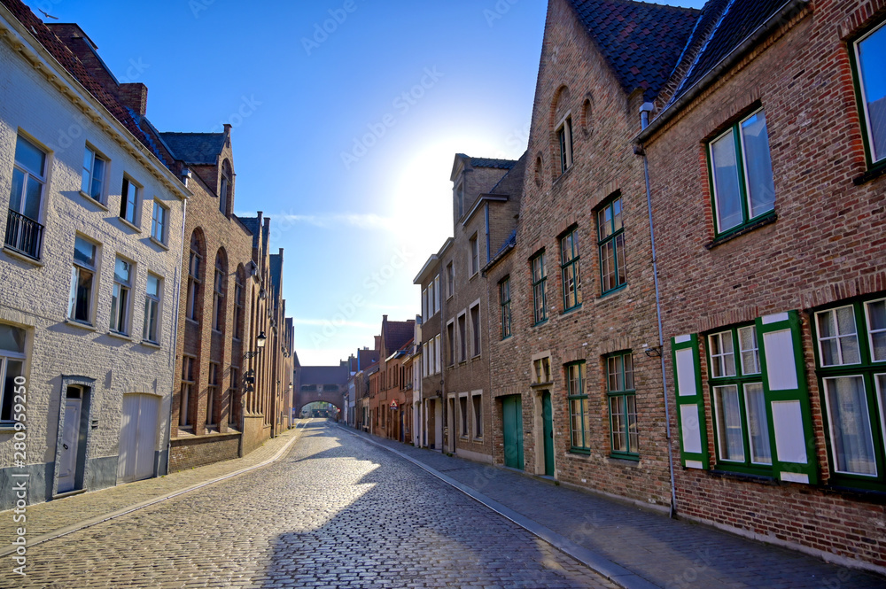 A view of the streets and architecture of Bruges (Brugge), Belgium.