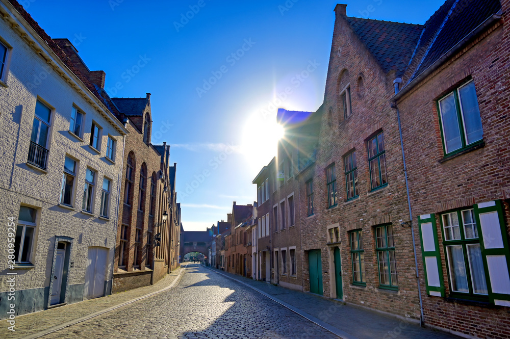 A view of the streets and architecture of Bruges (Brugge), Belgium.