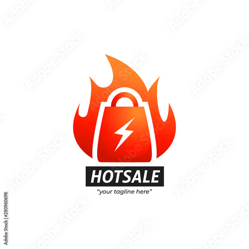 crazy hot flash sale logo icon symbol with shopping bag icon fire flame and lightning thunder icon logo illustration