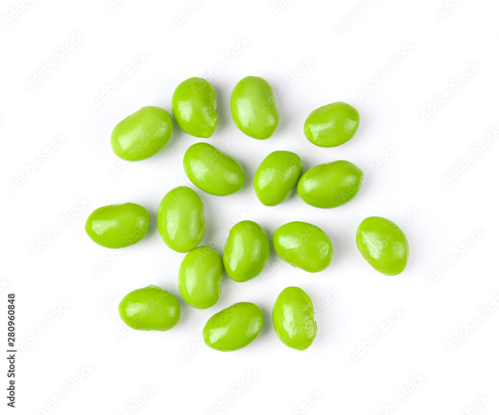 Green soy beans on white background top view. Green soy beans on white background top view.