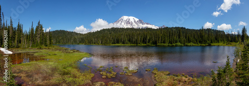 Beautiful Panoramic View of Reflection Lake with Mt Rainier in the background during a sunny summer day. Taken in Paradise, Mt Rainier National Park, Washington, United States of America.