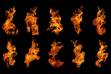 Fire flames collection isolated on black background, movement of fire flames