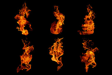Fire flames collection isolated on black background, movement of fire flames