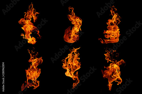 Fototapeta Fire flames collection isolated on black background, movement of fire flames