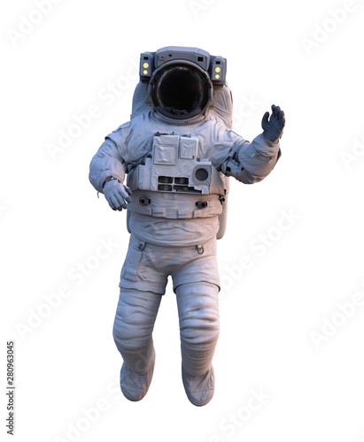 astronaut waving during space walk, isolated on white background