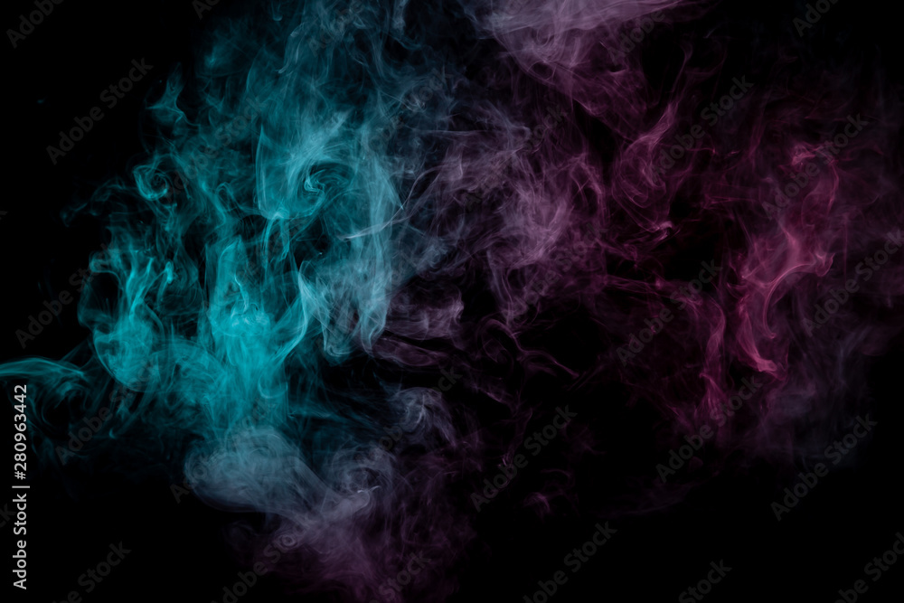 Colored background with winding clouds of smoke from patterns of different forms of pink, green and blue colors with tongues of flame on a black isolated background. Print for t-shirt. Colored background with winding clouds of smoke from patterns of different forms of pink, green and blue colors with tongues of flame on a black isolated background. Print for t-shirt.