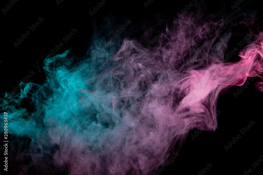 Colored background with winding clouds of smoke from patterns of different forms of pink, green and blue colors with tongues of flame on a black isolated background. Print for t-shirt. Colored background with winding clouds of smoke from patterns of different forms of pink, green and blue colors with tongues of flame on a black isolated background. Print for t-shirt.