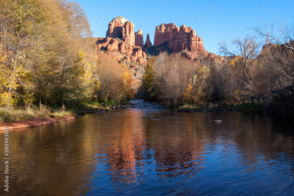 Cathedral Rock from Red Rock Crossing in Sedona, Arizona on a clear, cloudless autumn afternoon.