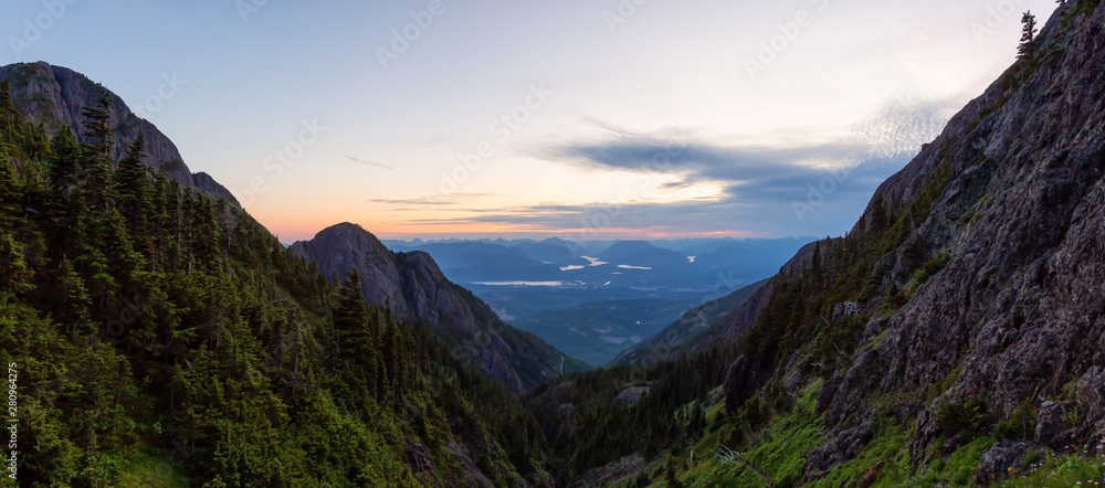 Naklejka Beautiful Panoramic view of Canadian Mountain Landscape during a vibrant summer sunset. Taken at Mt Arrowsmith, near Nanaimo and Port Alberni, Vancouver Island, BC, Canada.