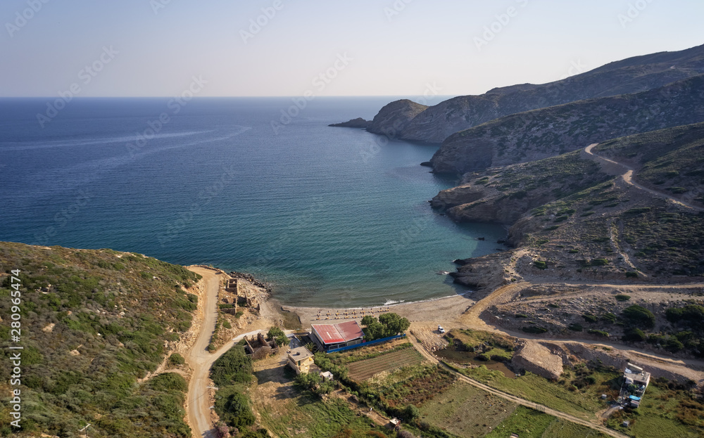Aerial view on cretan Aliki beach on Mediterannean sea. Crete, Greece.