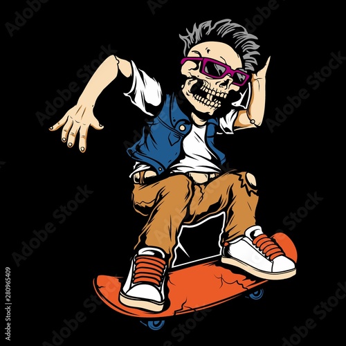 skull playing skateboarding,.vector hand drawing,Shirt designs, biker, disk jockey, gentleman, barber and many others.isolated and easy to edit. Vector Illustration