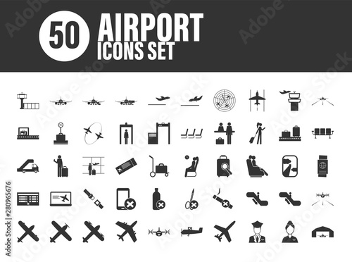 Set of 50 Minimal and Solid Airport Icons on White Background