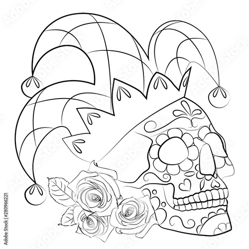 sketch of the skull in the form of poker Joker in a cap with flowers