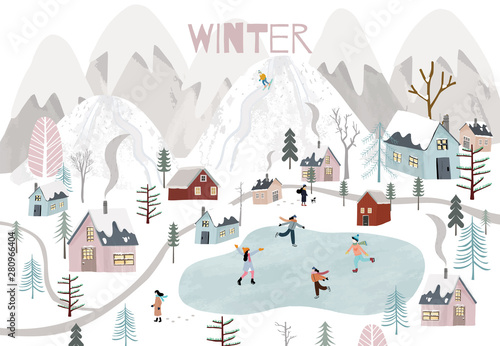 Winter background with children are playing ice skate in the village.Poster vector with activity of people.Editable element