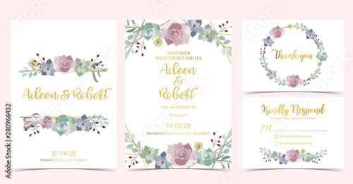 Pink green geometry wedding invitation with cactus and leaves.Vector birthday invitation for kid and baby.Editable element