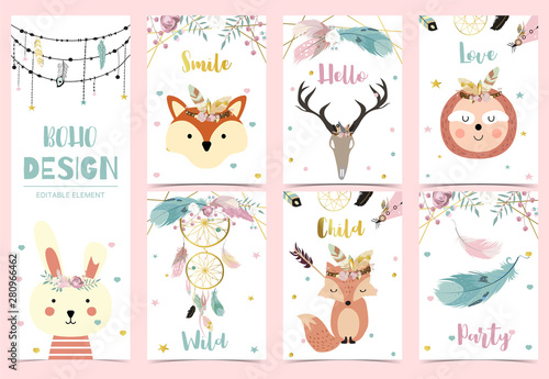 Collection of boho cards set with feather,dreamcatcher,fox,sloth,rabbit.Vector illustration for birthday invitation,postcard and sticker.Editable element