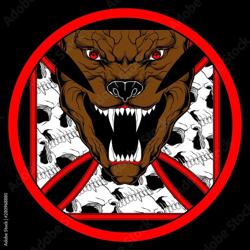 spooky pitt bull roars with skulls.vector hand drawing,Shirt designs, biker, disk jockey, gentleman, barber and many others.isolated and easy to edit. Vector Illustration