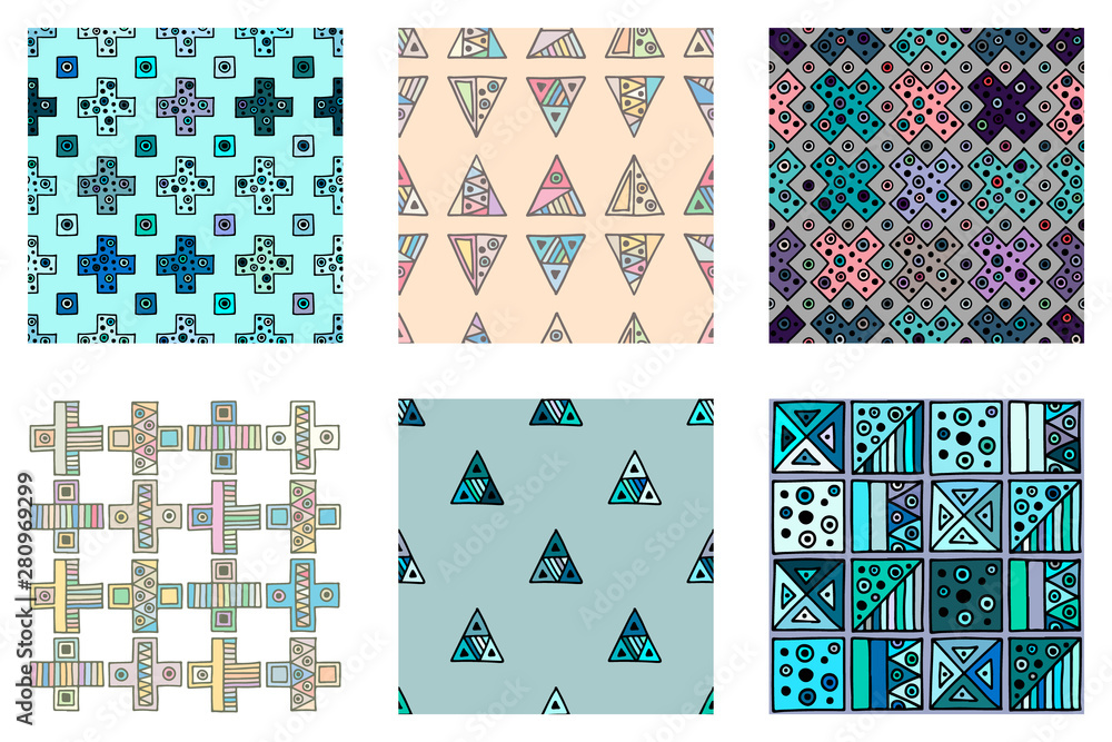 Fototapeta premium Seamless vector pattern. geometrical background with hand drawn decorative tribal doodle elements. Print with ethnic, folk, geometrical motifs. Graphic geometric illustration, squres, dots, rectangles