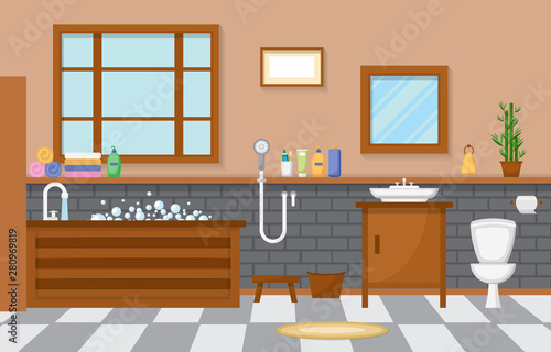 Japanese Bathroom Residential Traditional Style Wood Accent Interior Illustration
