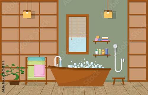 Japanese Bathroom Residential Traditional Style Wood Accent Interior Illustration