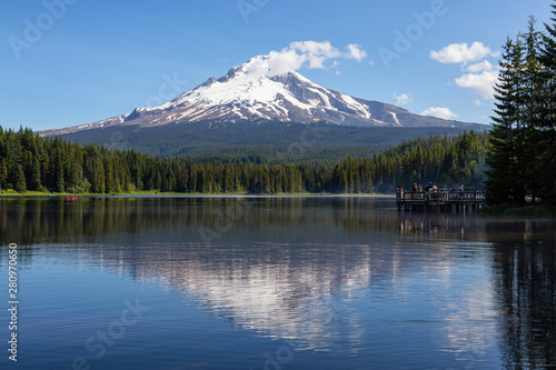 Beautiful Landscape View of a Lake with Mt Hood in the background during a sunny summer day. Taken from Trillium Lake  Mt. Hood National Forest  Oregon  United States of America.