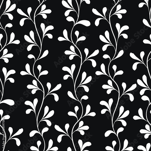 Vector seamless pattern with vertical branches with leaves. Black and white abstract floral design. 