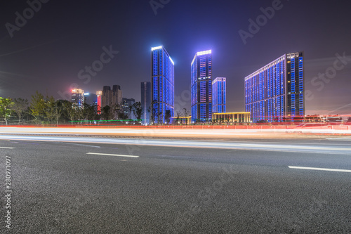 the light trails on the modern building background.