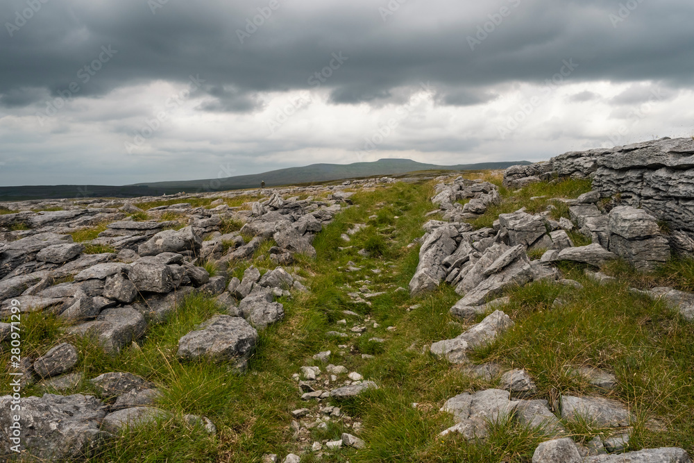 Moughton Scar is a vast and impressive limestone pavement full of interesting nooks and crannies. In the distance a moody Pen-y-ghent is seen in profile.