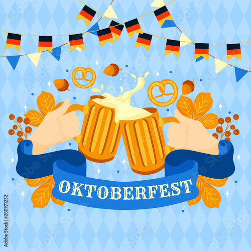 Oktoberfest. Two glass toasting mugs with beer, cheers. Traditional German Poster Festival. Mustache, fresh dark beer, pretzel, sausage, accordion, beer and flag. Vector - Illustration