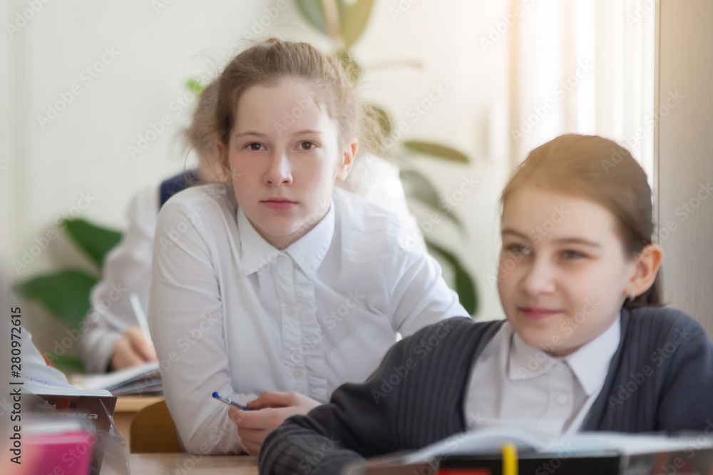 Schoolchildren in the classroom at the lesson. Schoolchildren in the classroom at the lesson.