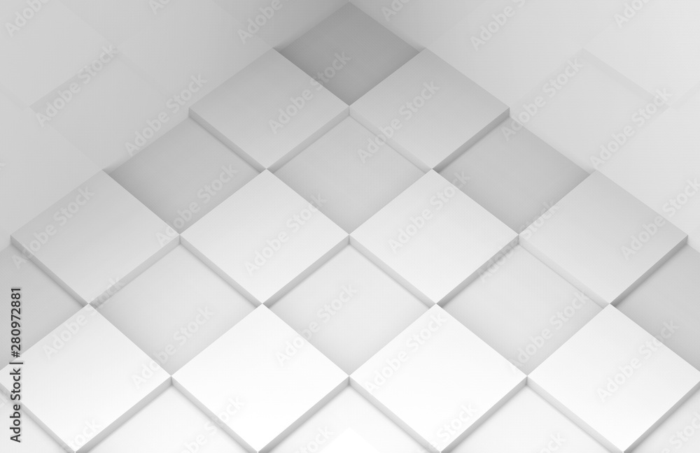 3d rendering. perspective view of Modern minimal style white square grid tile floor corner room wall background. 3d rendering. perspective view of Modern minimal style white square grid tile floor corner room wall background.