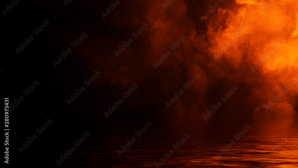 Obraz premium Blaze fire flame texture overlays on isolated background with water reflection. Design element.