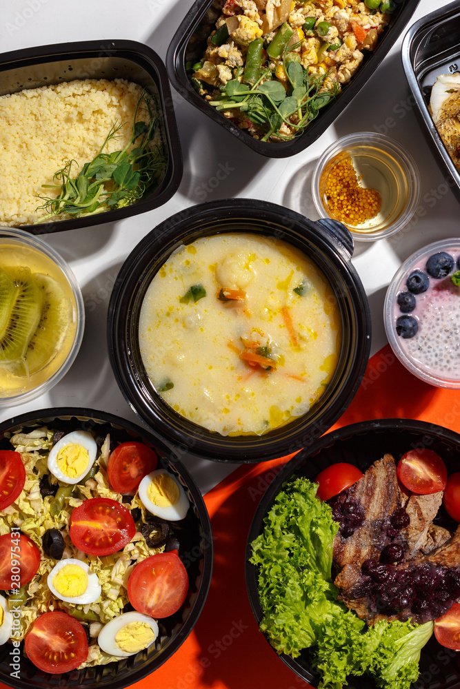 Variety of clean dieting foods in plastic package , top view. Healthy clean food concept. Variety of clean dieting foods in plastic package , top view. Healthy clean food concept.