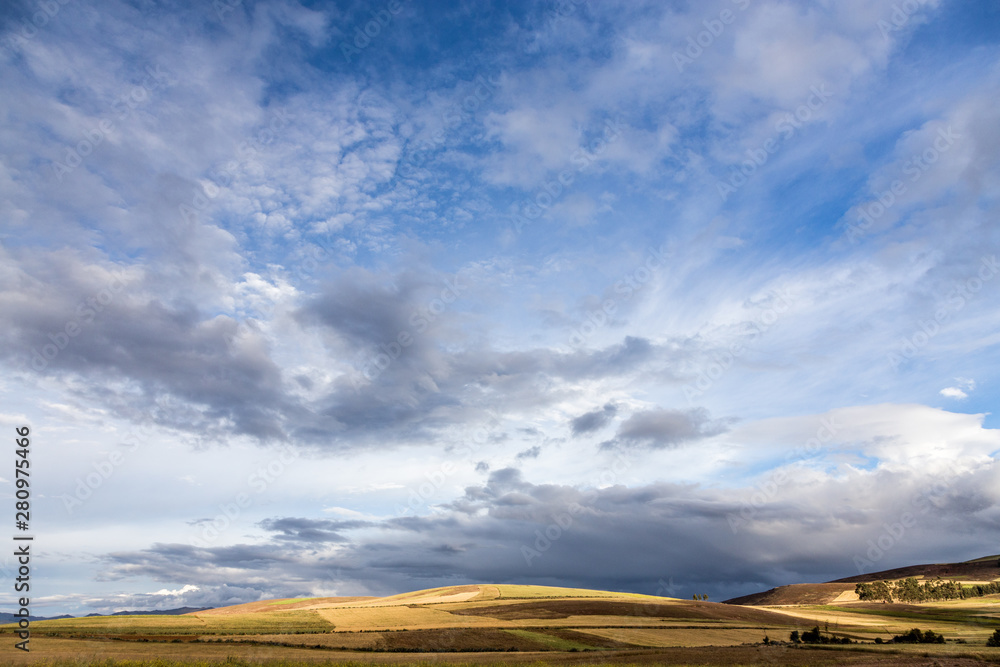 Fototapeta premium Andean Farmland and a beautifull sky. Sacred valley of the Incas, Cusco, Peru.