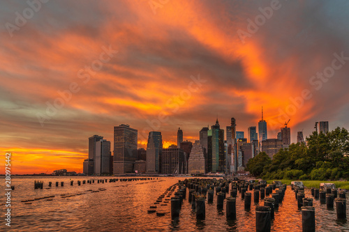 Colourful sunset at Brooklyn Bridge Park.