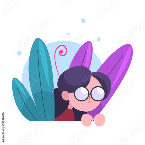 Cute Brunette Girl in Glasses Hiding in Bushes, Adorable Kid Peeking Out of Grass Vector Illustration