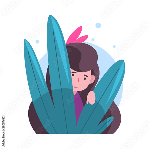 Cute Long Haired Brunette Girl Hiding in Bushes, Adorable Kid Peeking Out of Colorful Dense Grass, Bright Imaginary World Vector Illustration