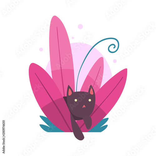 Cute Funny Cat Hiding and Peeking Out of Colorful Dense Grass Vector Illustration