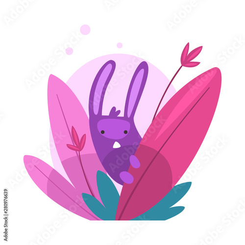 Cute Funny Bunny Hiding and Peeking Out of Colorful Dense Grass Vector Illustration