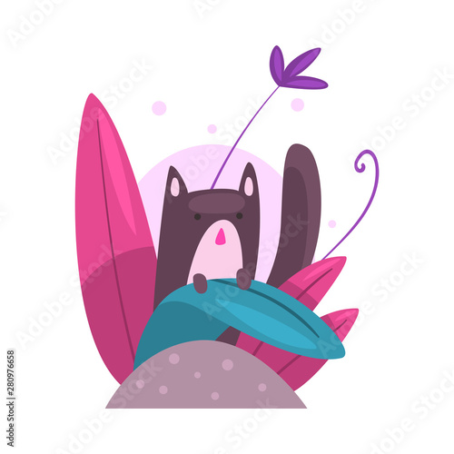 Cute Cat Hiding and Peeking Out of Colorful Dense Grass Vector Illustration