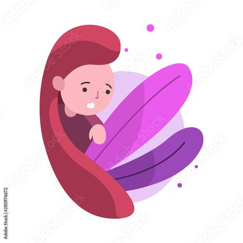 Cute Beautiful Long Haired Little Girl Hiding and Peeking Out of Colorful Grass Vector Illustration