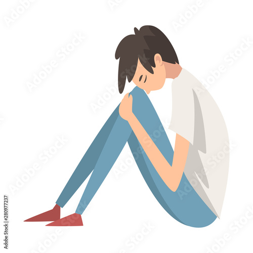 Depressed Boy Sitting on Floor Hugging His Knees, Stressed Teenager, Lonely, Anxious, Abused Boy Having Problems Vector Illustration