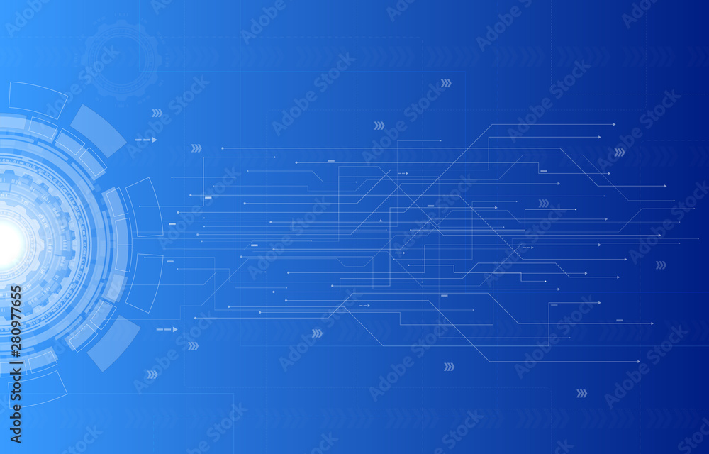 Technology circle gear connect with microchip and server. concept information digital abstract blue background vector illustration