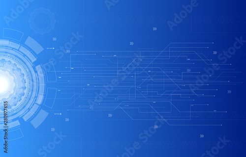 Technology circle gear connect with microchip and server. concept information digital abstract blue background vector illustration